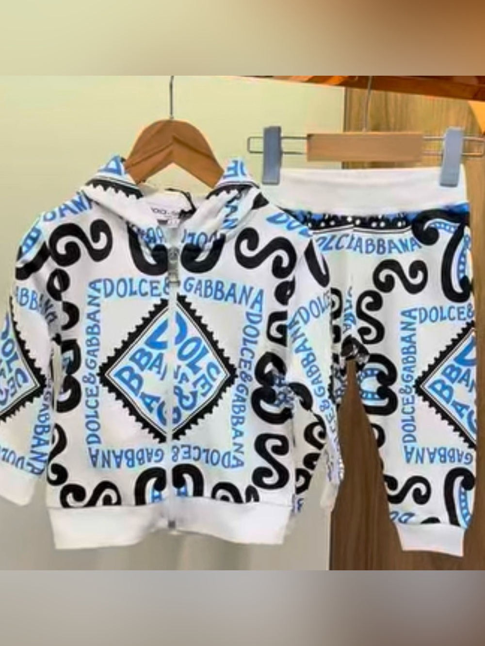 Dolce & Gabbana Kids Cream, Blue & Black Logo Print Casual Dress Set